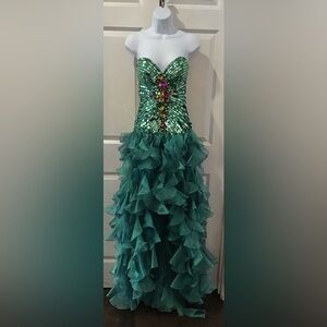 Sherri Hill Turquoise Ruffle and Gem Gown